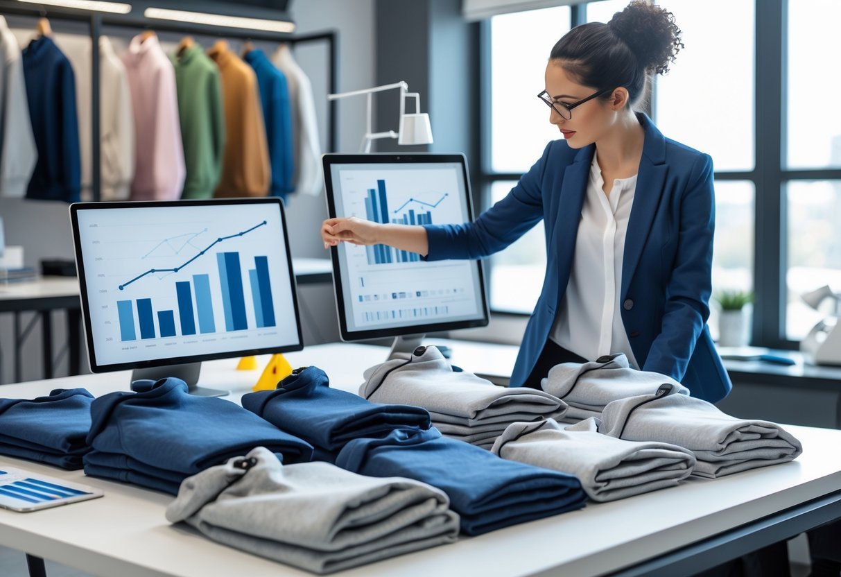 A person examining custom hoodies on a table with charts and tools nearby, illustrating production and cost analysis.