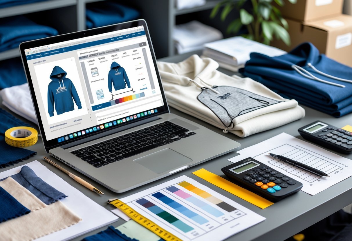 Workspace with hoodie design tools, fabric swatches, sketches, calculator, and cost sheets arranged on a desk.