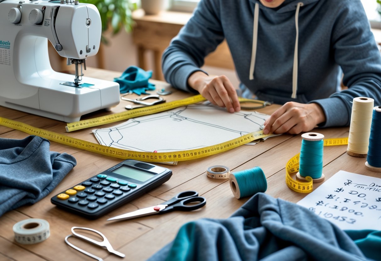 A workspace with sewing tools, fabric pieces, design sketches, a calculator, and a person working on assembling a custom hoodie.