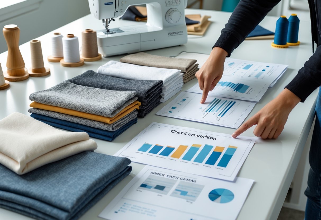 A workspace with fabric samples, cost comparison charts, and sewing tools used for making custom hoodies.