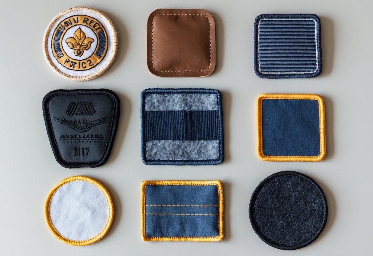 Nine different fabric patches arranged in a grid on a plain background, showing various shapes, textures, and designs.