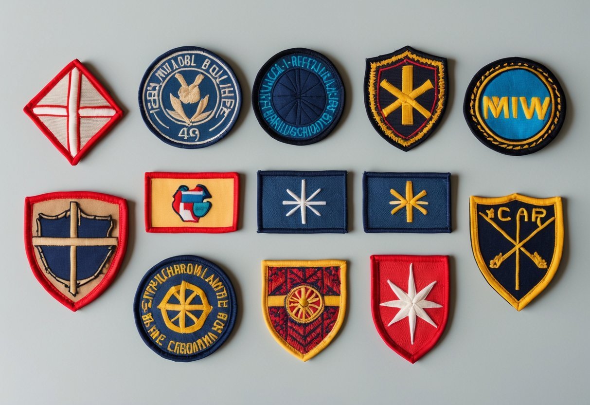 Nine different woven patches of various shapes and colors arranged neatly on a plain background.