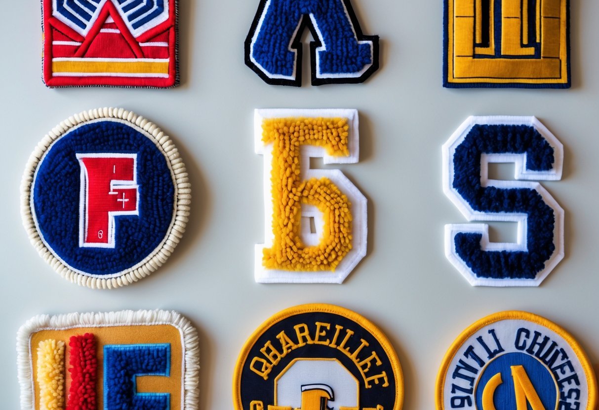 Nine different colorful chenille patches arranged neatly on a plain background.