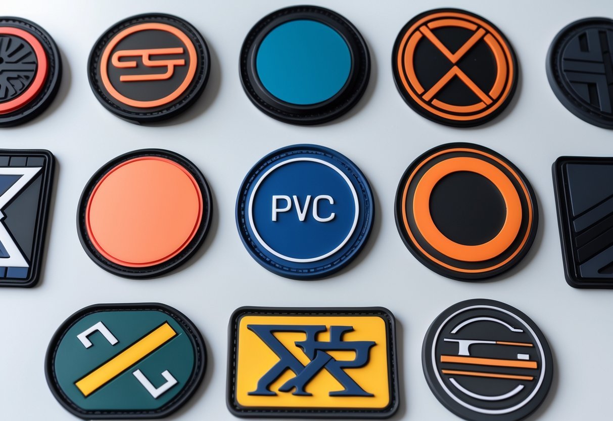 Nine different colorful PVC patches of various shapes arranged neatly on a plain background.