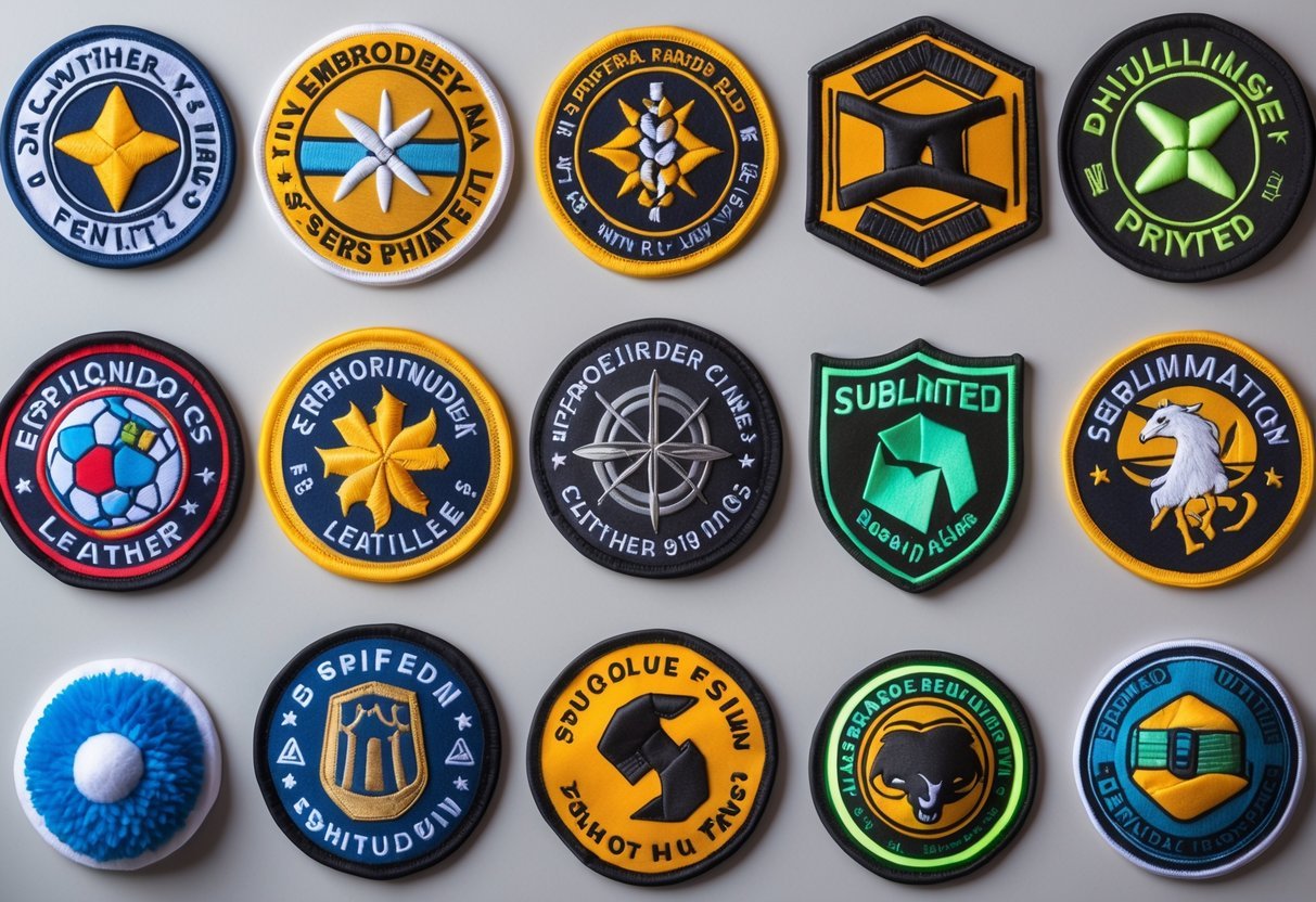 Nine different printed patches of various shapes and materials arranged on a plain background.