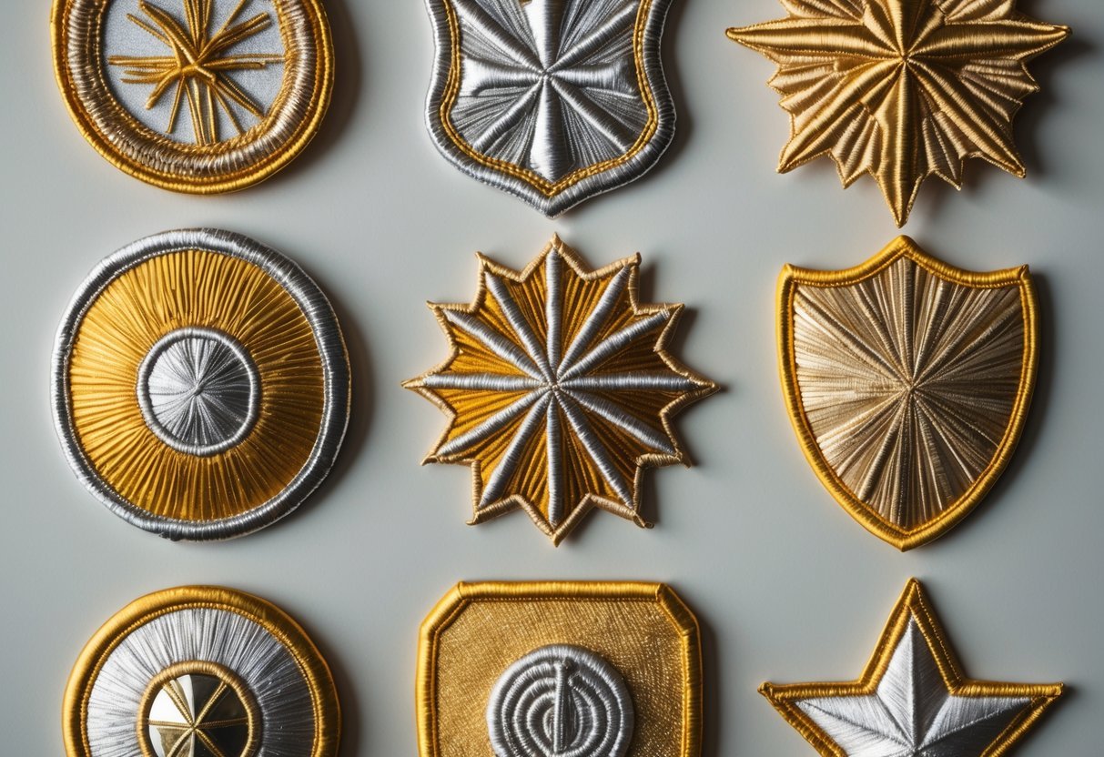 Nine different metallic embroidered bullion patches arranged on a neutral background.