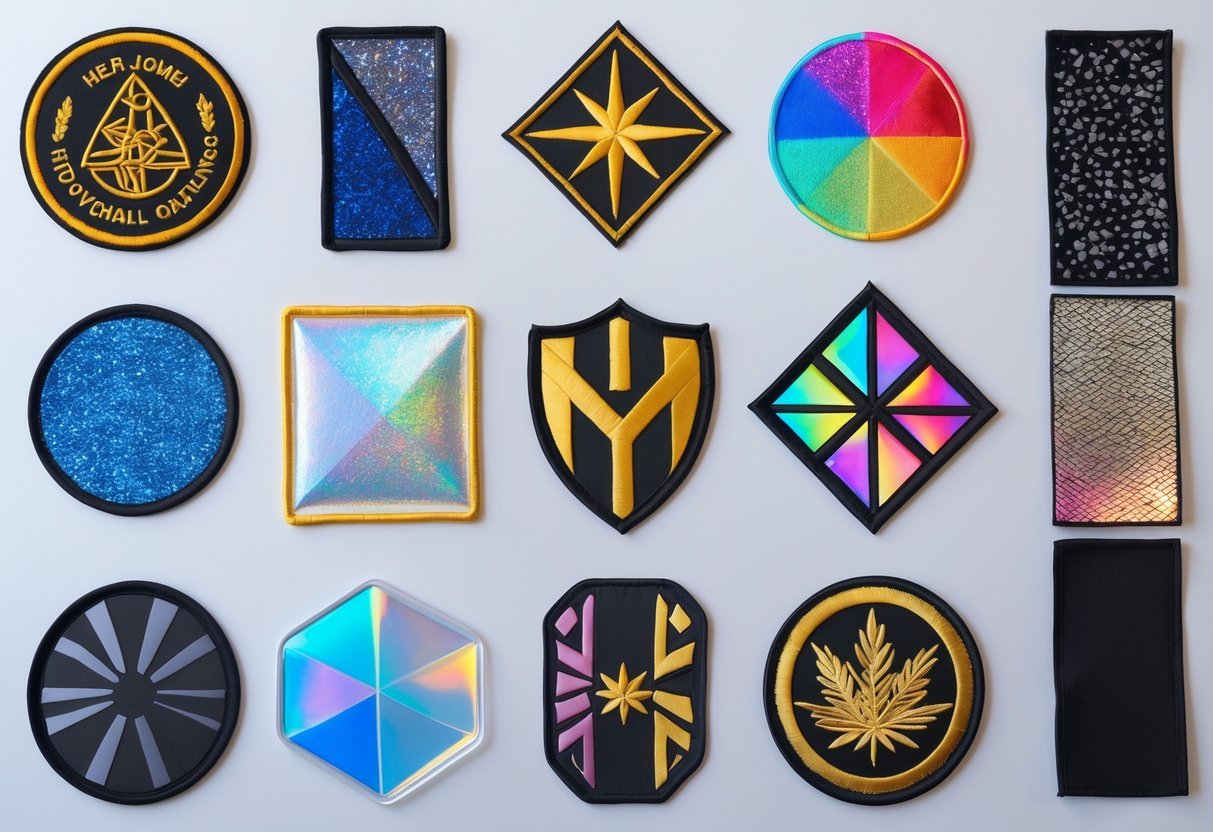 Nine different types of heat transfer patches arranged neatly on a white background, showing various shapes, colors, and textures.