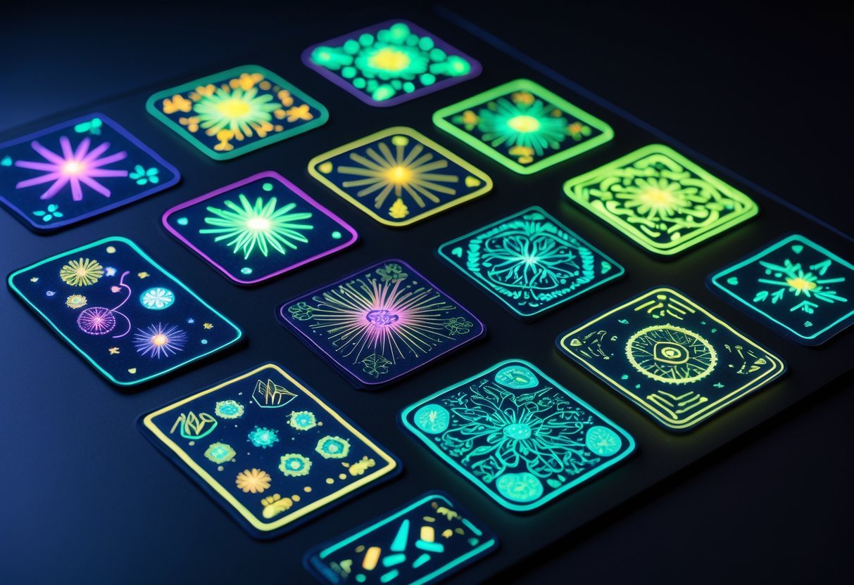Nine different glow-in-the-dark patches arranged in a grid on a dark surface, each glowing softly with unique shapes and designs.