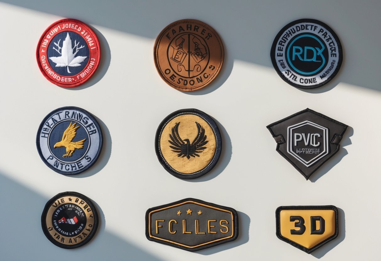 Nine different types of patches made from various materials arranged neatly on a white surface.