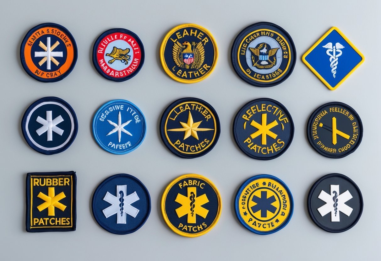 Nine different types of patches arranged neatly on a clean background, showing various shapes, colors, and materials.
