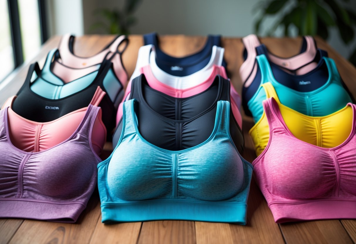 A collection of different types of sports bras arranged on a wooden surface.