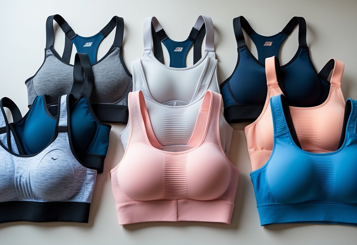 A selection of compression sports bras in different colors and styles arranged on a neutral background.