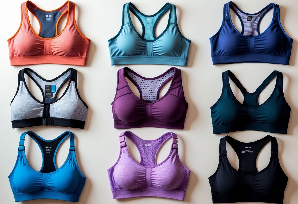 A variety of sports bras displayed on a neutral background, showing different styles and designs.