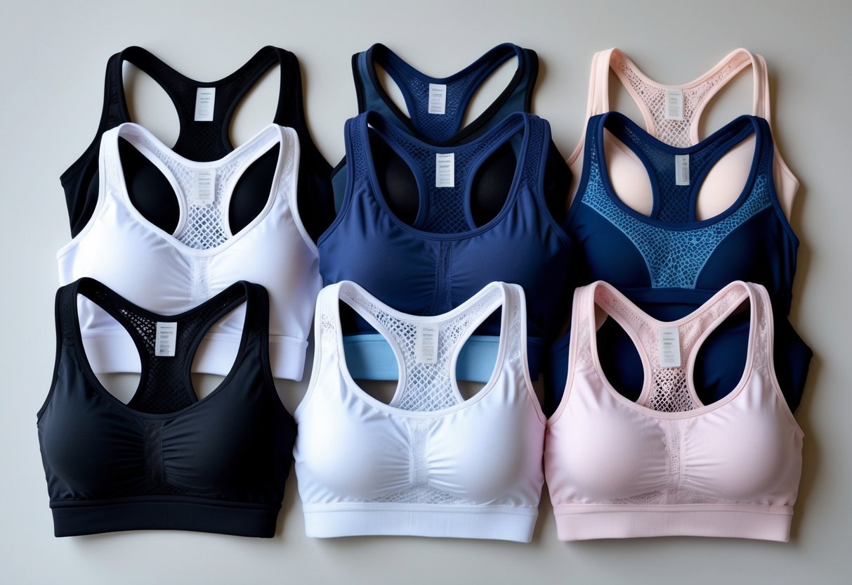 A collection of various racerback sports bras in different colors and styles arranged on a plain background.