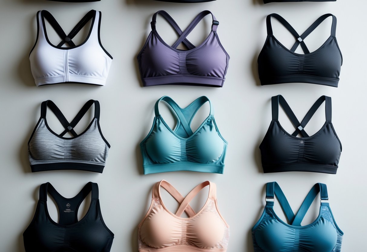 A variety of adjustable strap sports bras displayed on mannequins and flat lay, showing different styles and colors.