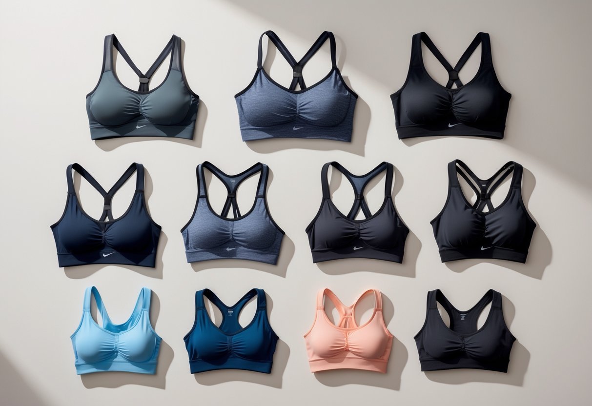 A variety of wire-free sports bras displayed on a neutral background in different styles and colors.
