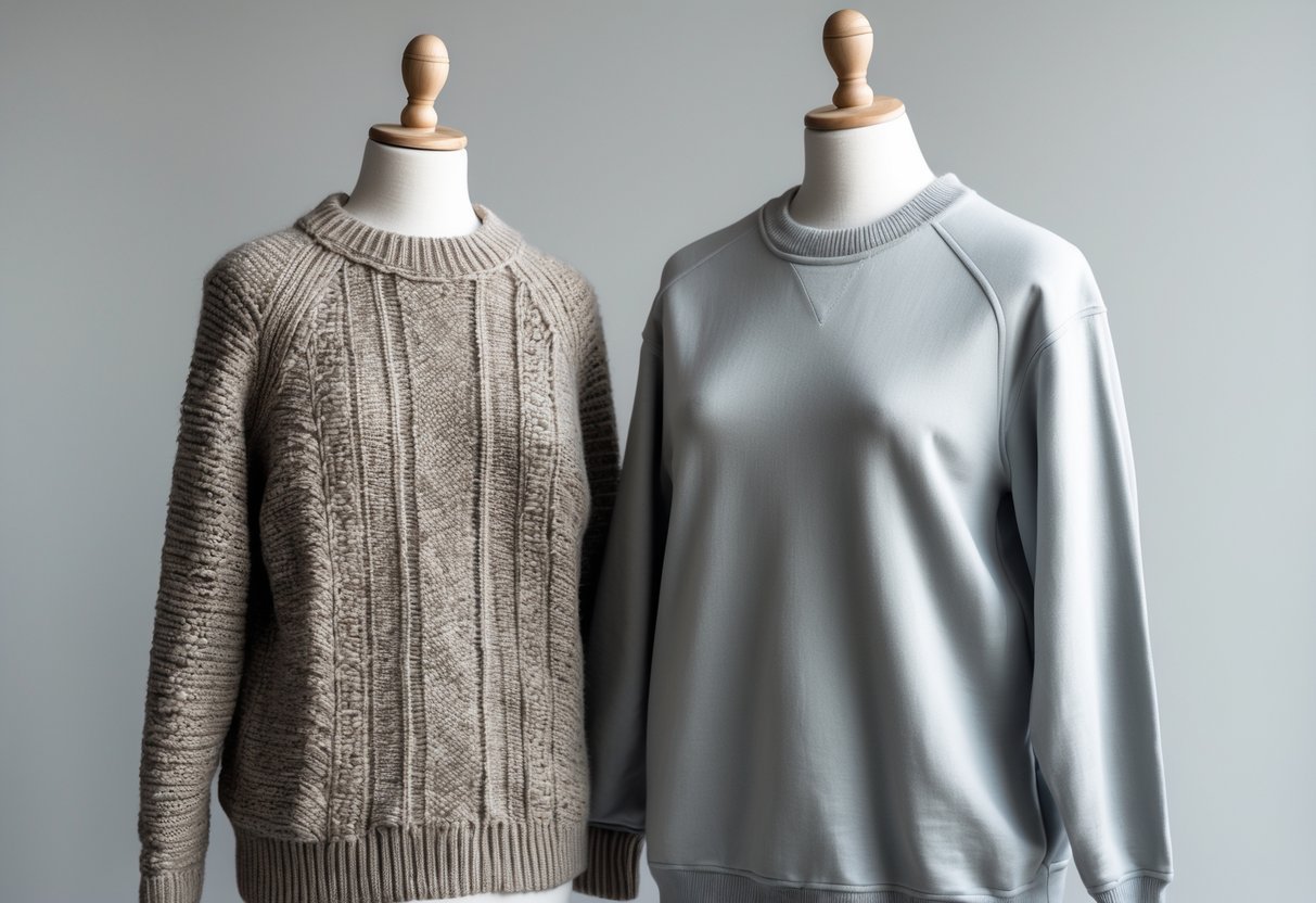 Two mannequins side by side wearing a wool sweater and a cotton sweatshirt against a plain background.