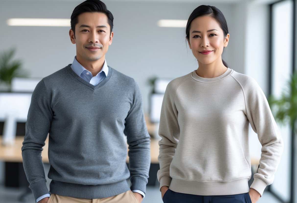 Two people standing side by side in an office, one wearing a sweater and the other wearing a sweatshirt.