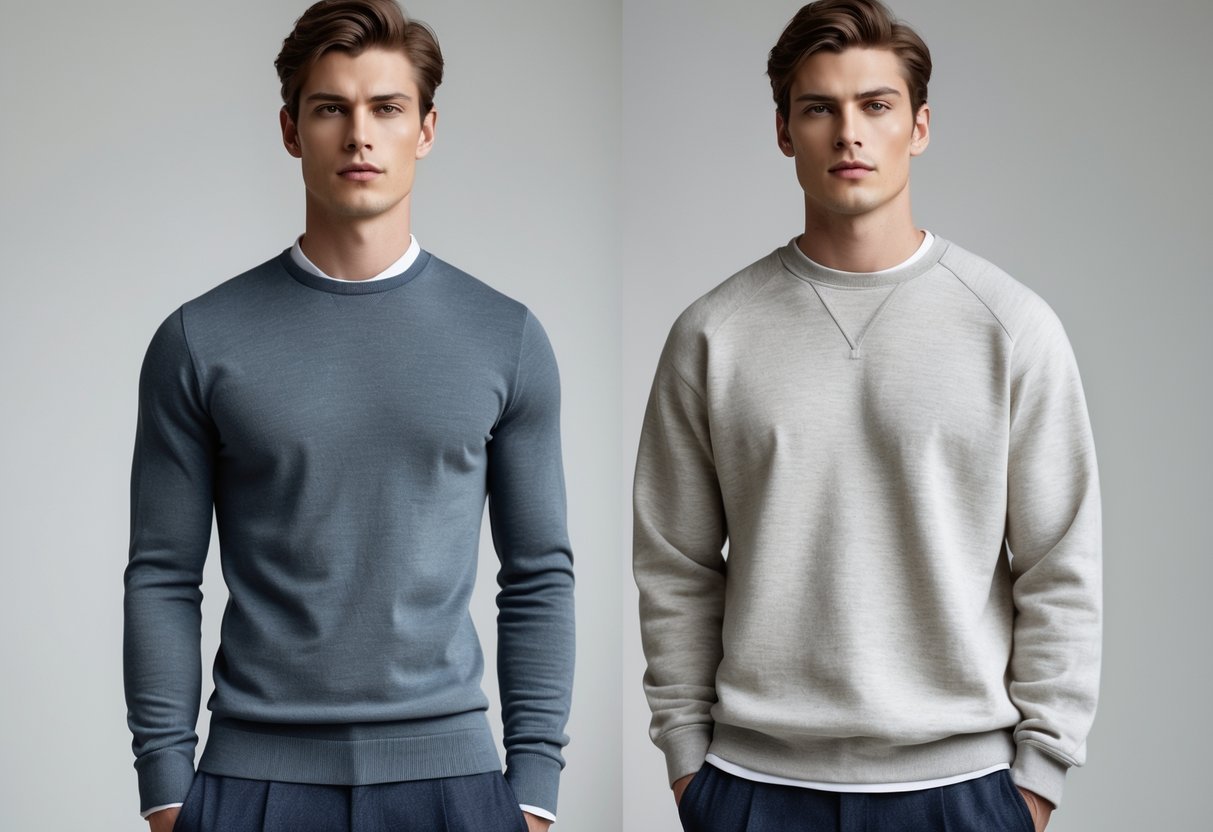 Two men standing side by side, one wearing a fitted sweater and the other wearing a loose sweatshirt.