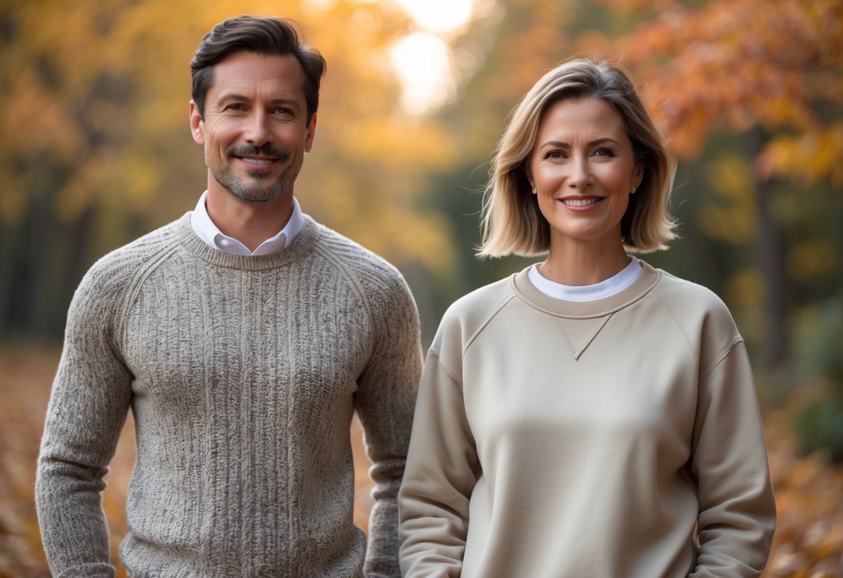 Two adults standing outdoors in autumn wearing different tops, one in a sweater and the other in a sweatshirt.
