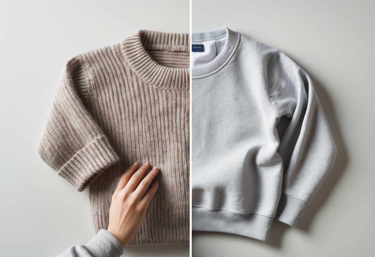 A neatly arranged sweater and sweatshirt side by side with laundry-related items indicating different care methods.