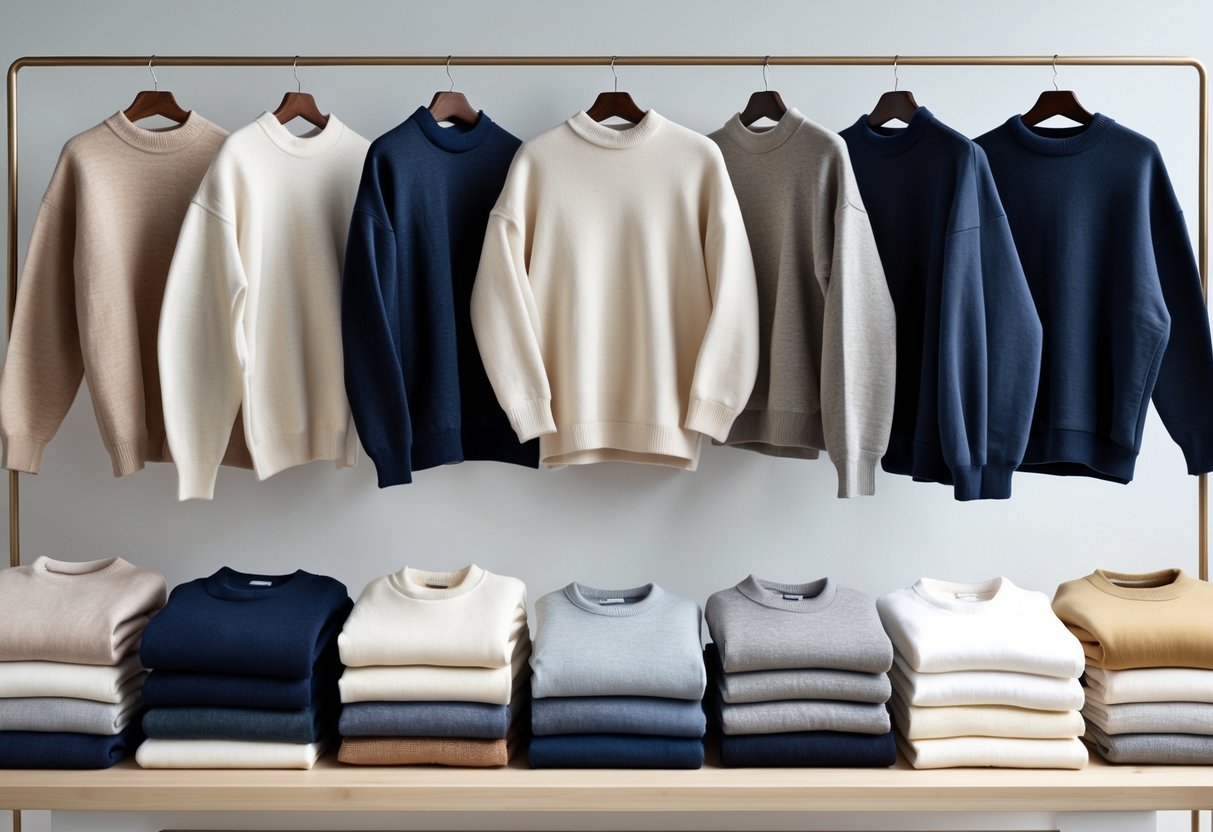 A neatly arranged display of sweaters and sweatshirts on a wooden surface with a plain light background.