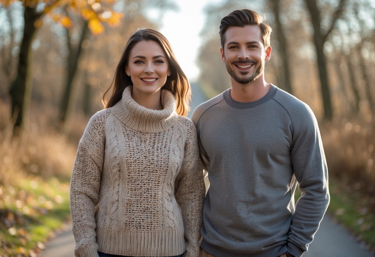 Two people outdoors in cool weather, one wearing a sweater and the other a sweatshirt, standing side by side on a path surrounded by trees.