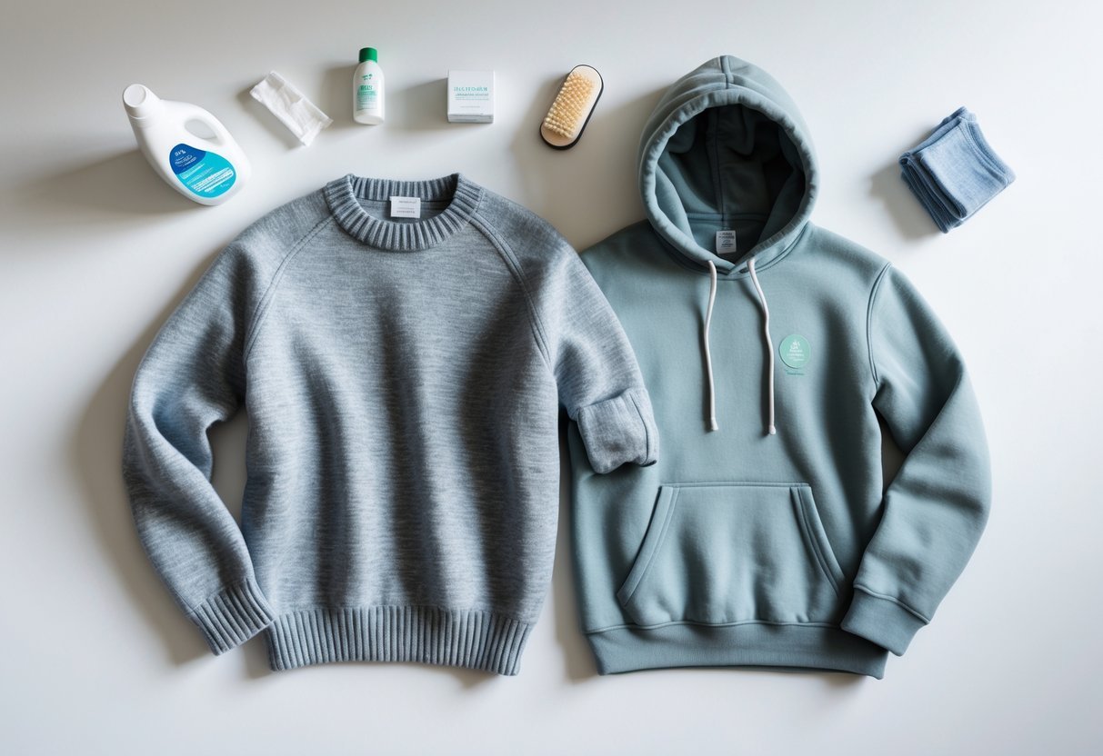 Flat lay of a wool sweater and a cotton sweatshirt with laundry care items arranged around them on a white background.