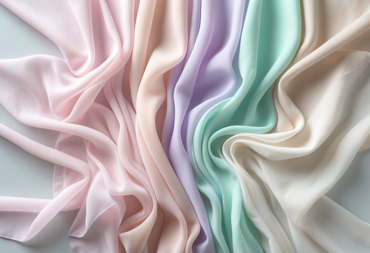 A collection of 29 light chiffon fabric samples in various pastel and neutral colors arranged in soft folds on a light background.