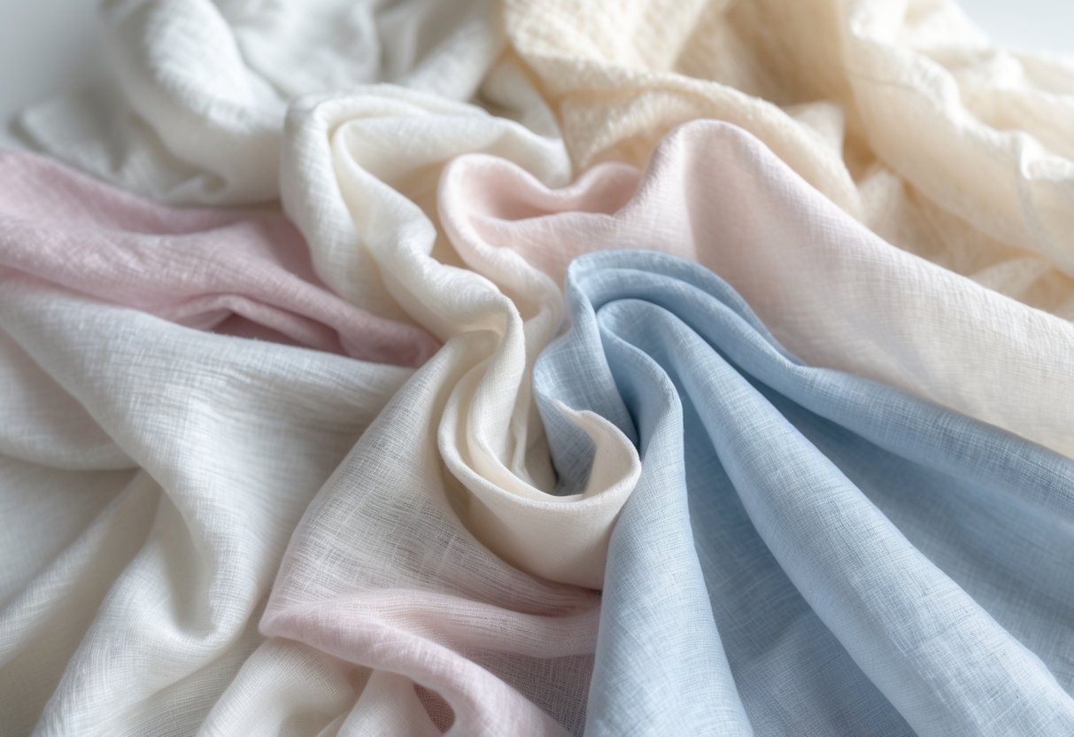 A flat lay of 29 lightweight cotton voile fabric samples in soft pastel colors arranged neatly on a neutral background.