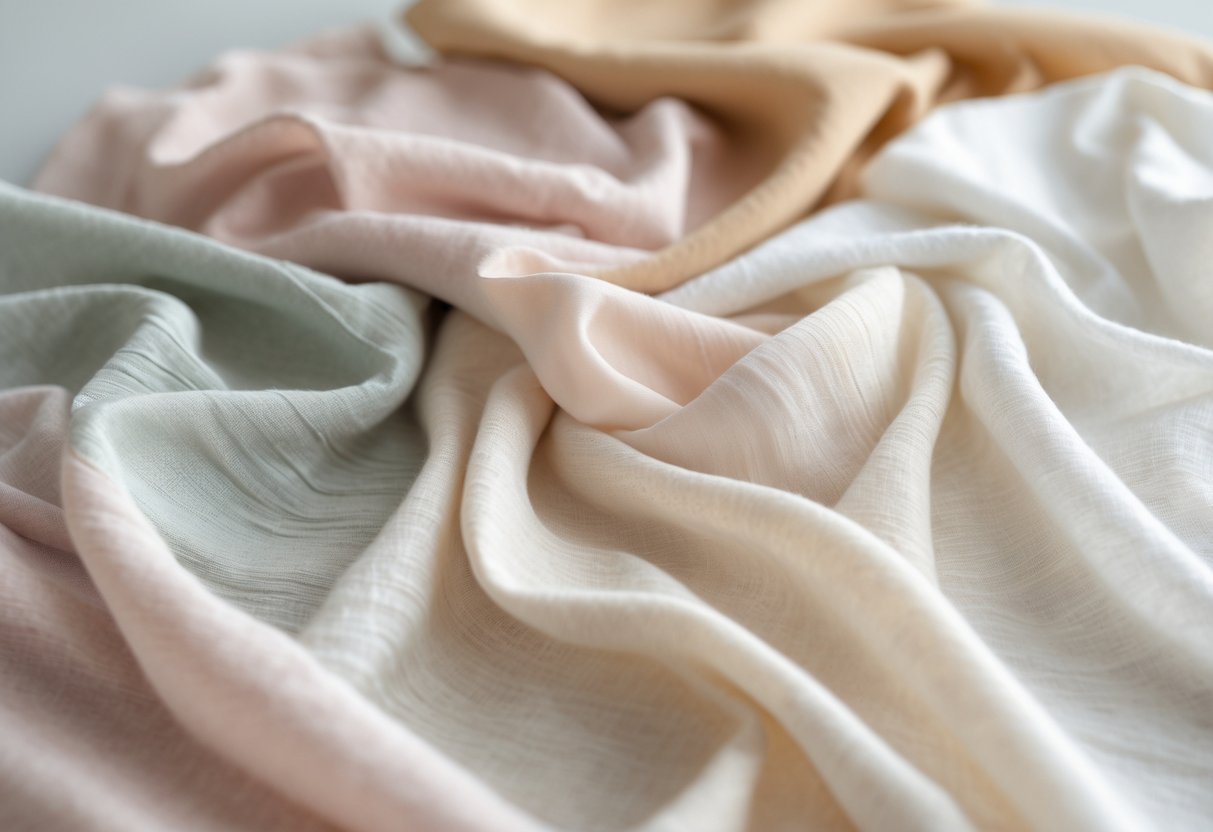 A collection of 29 lightweight Tencel fabric swatches in soft pastel and natural colors arranged neatly on a neutral background.