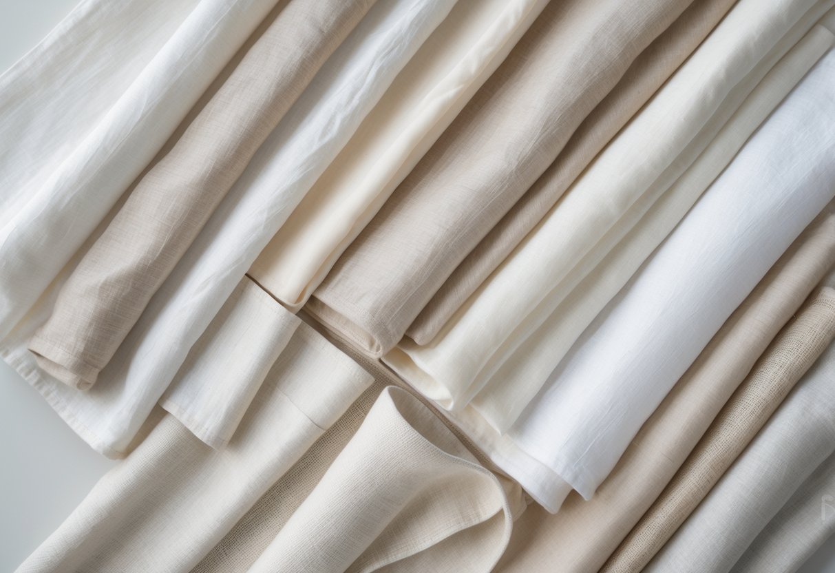 A collection of 29 light-colored linen fabric samples neatly arranged on a neutral surface.