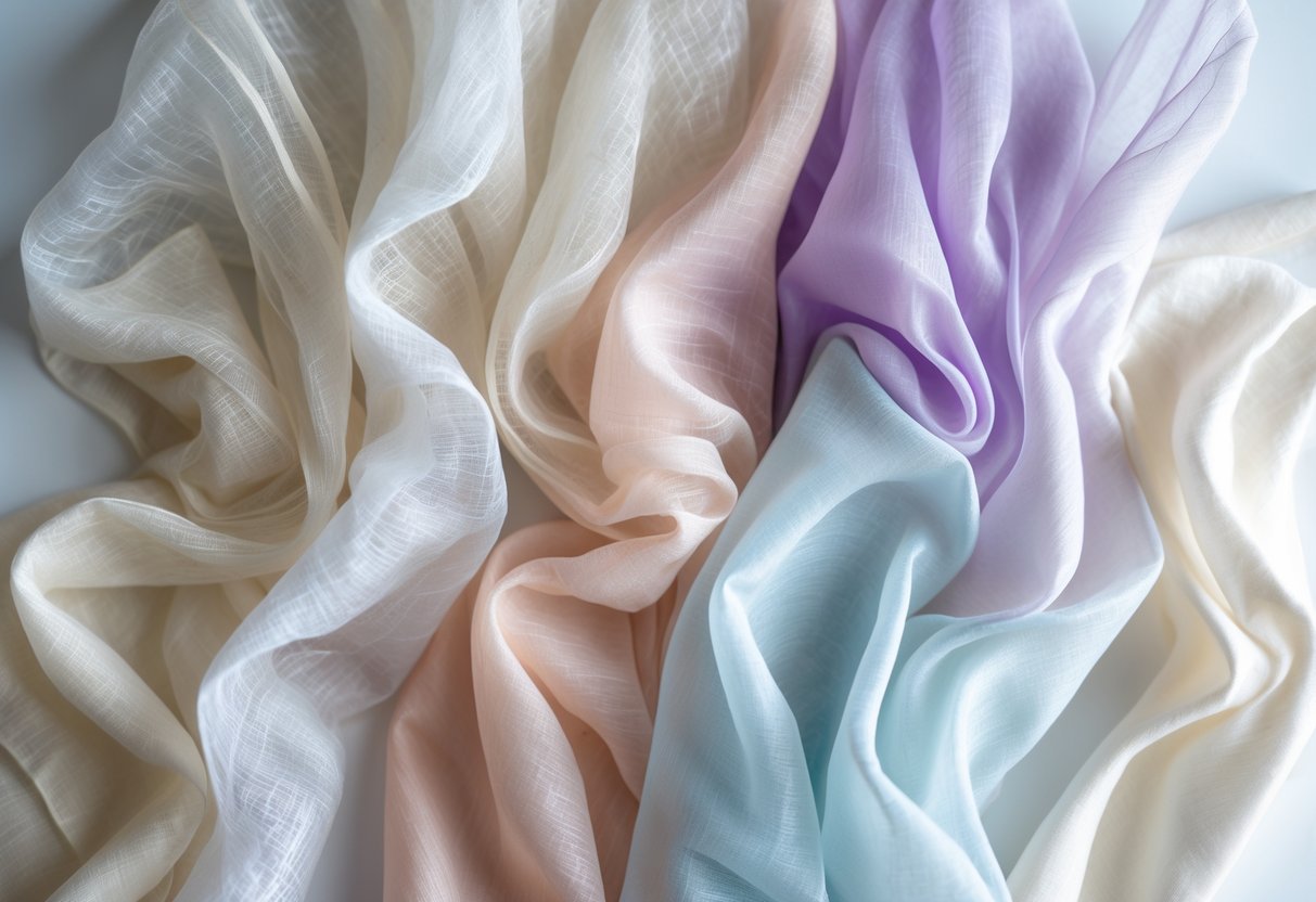 A collection of 29 light and translucent organza fabrics in soft pastel colors arranged in overlapping layers on a white background.