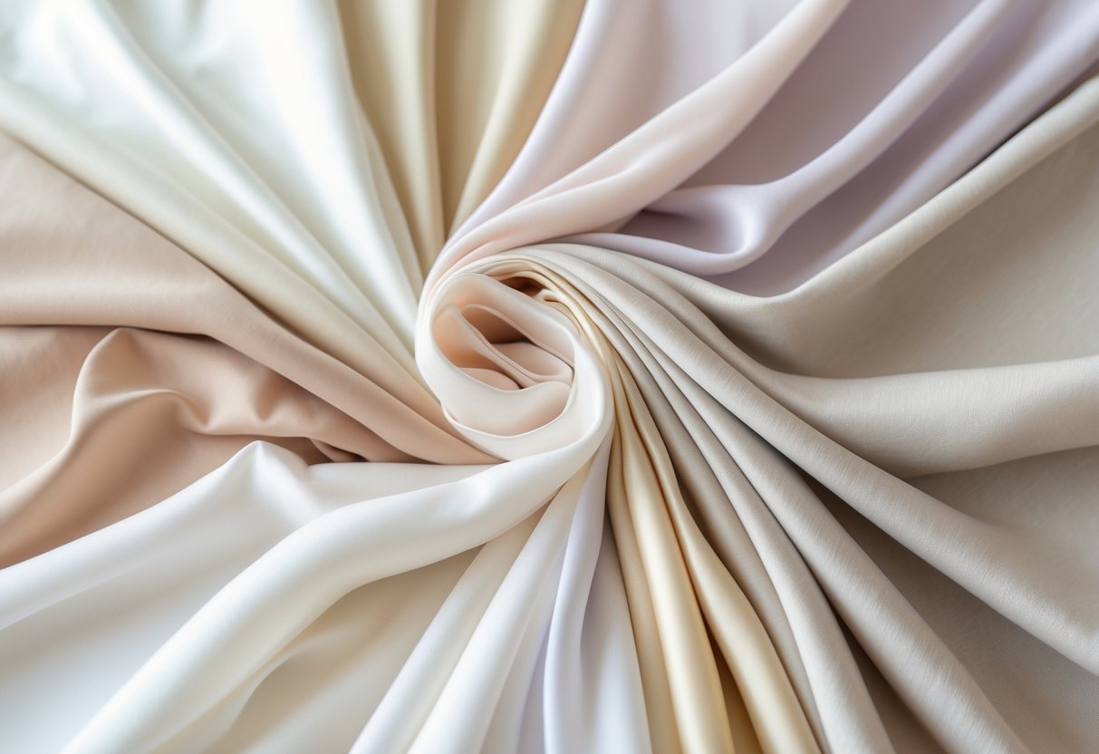 A collection of 29 light rayon fabric samples in soft pastel and neutral colors arranged neatly on a plain background.