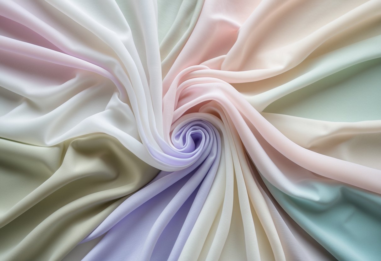 A collection of 29 light pastel-colored polyester georgette fabric samples arranged neatly on a neutral surface.