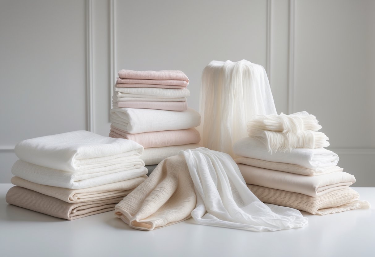 A collection of 29 pieces of light, sheer batiste fabric in soft pastel and neutral colors arranged neatly on a white surface.