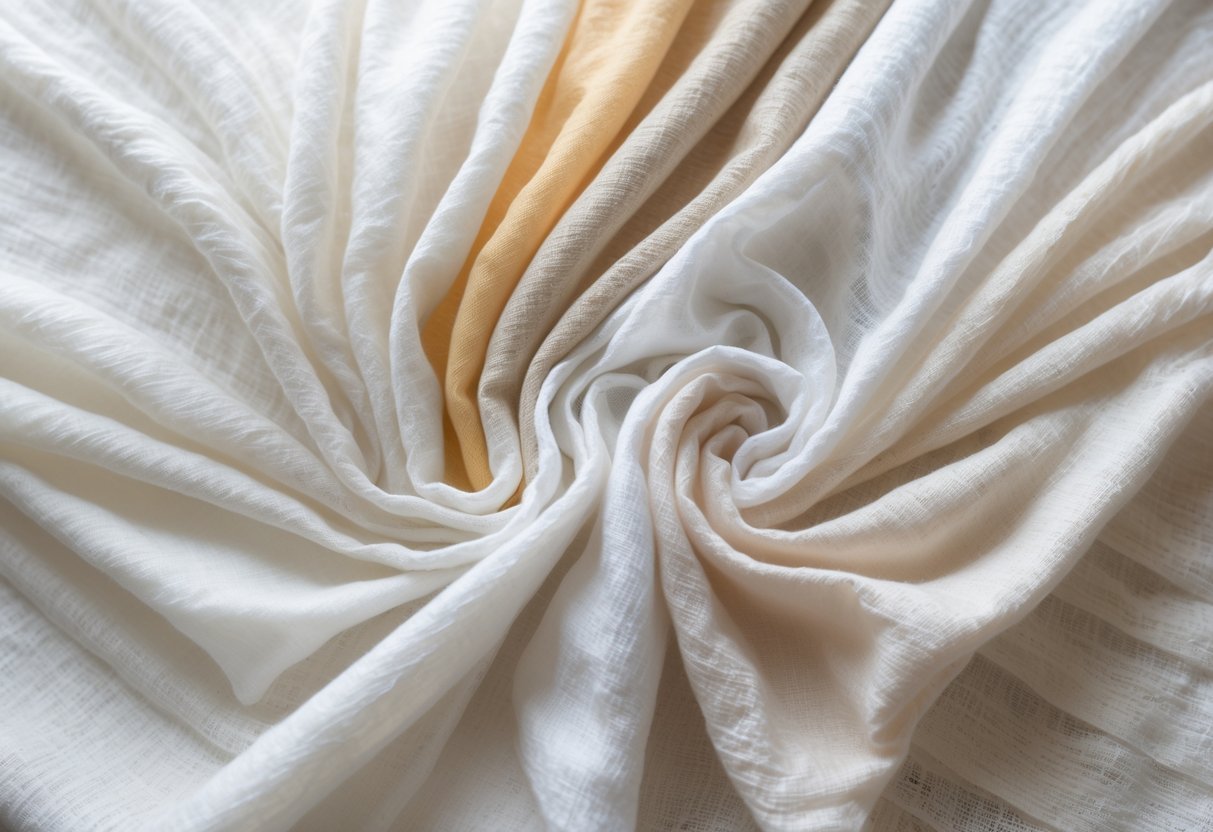 A collection of 29 light and delicate muslin fabric samples arranged on a white background.