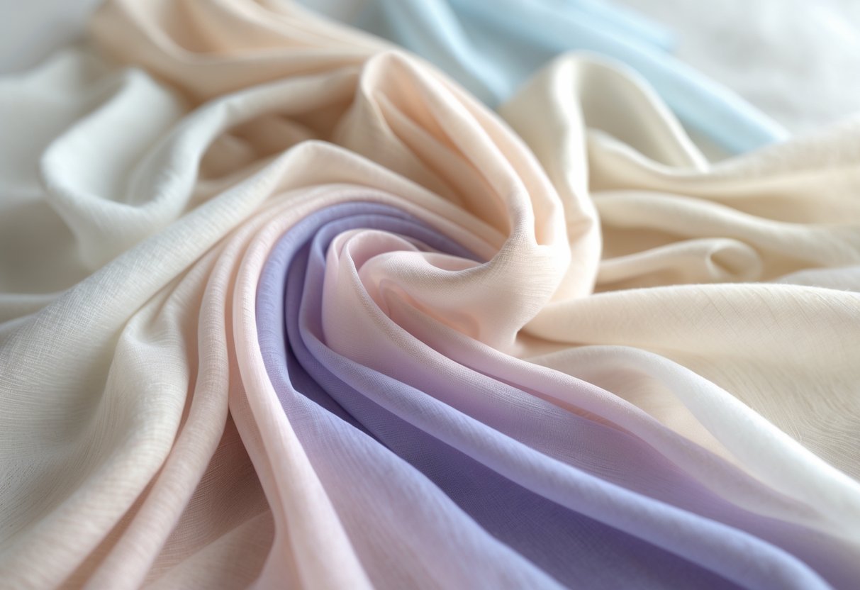 A collection of 29 light, delicate fabric swatches in soft pastel colors arranged neatly on a neutral background.