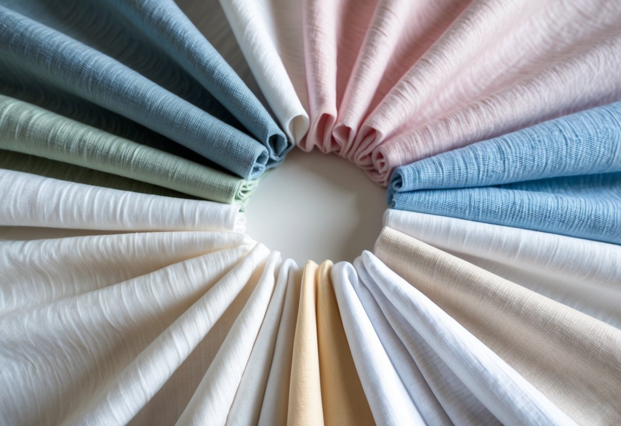 A collection of light seersucker fabric samples in pastel colors arranged neatly on a neutral background.