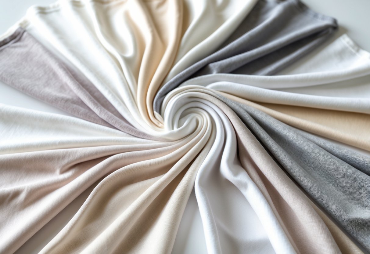A collection of 29 light-colored jersey knit fabric swatches arranged neatly on a white surface.