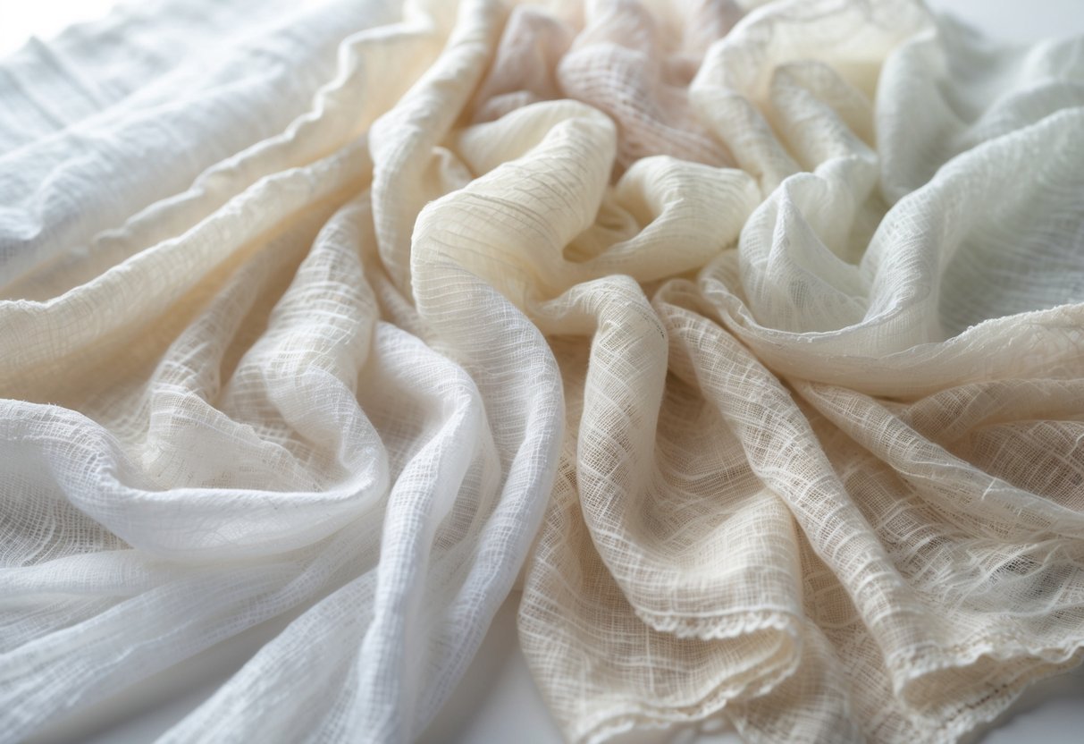 A collection of 29 light, translucent gauze fabrics arranged to show their delicate textures and soft colors.