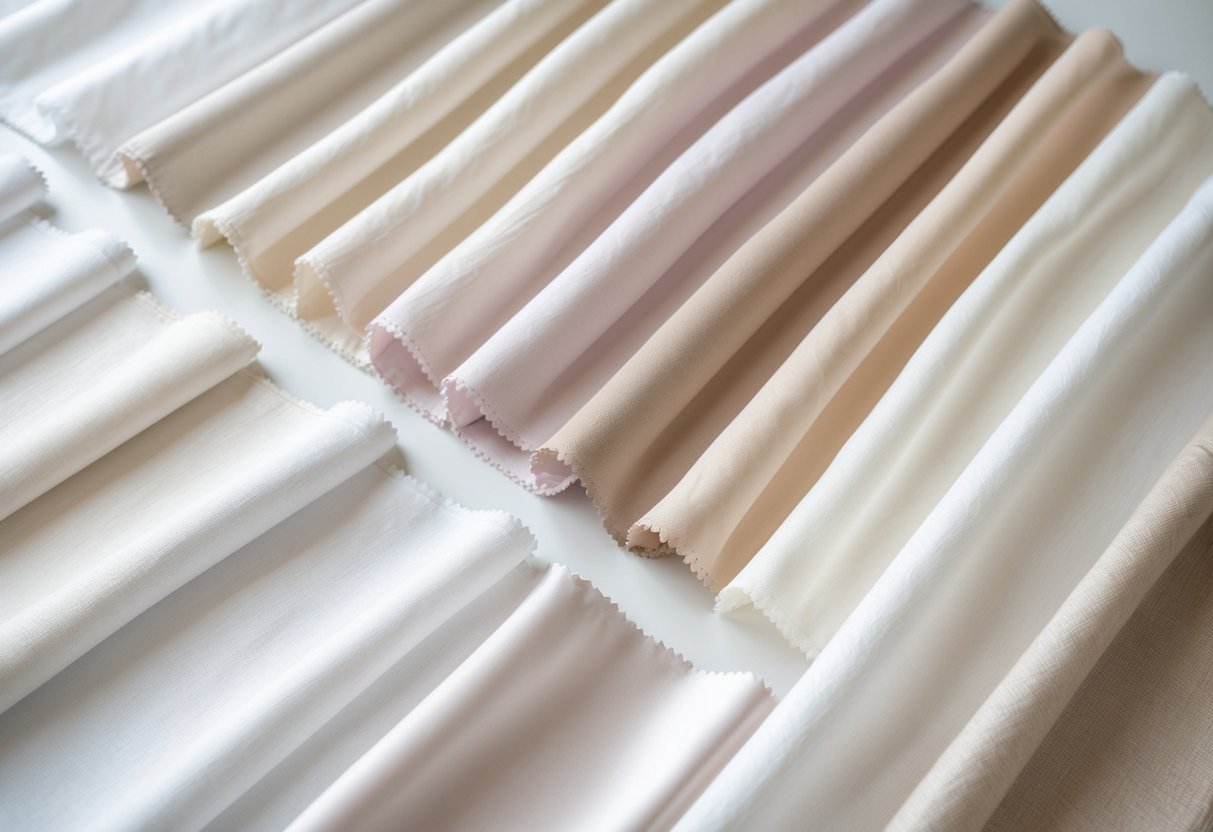A collection of 29 light-colored fabric swatches arranged neatly on a white surface, showing smooth and delicate textures.