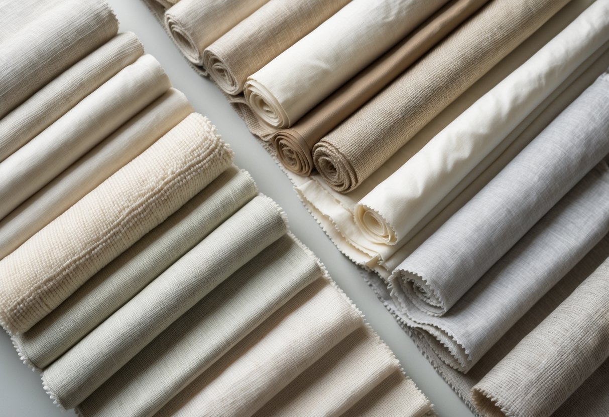 A collection of 29 light-colored hemp fabric samples arranged neatly on a neutral background, showing different textures and shades.