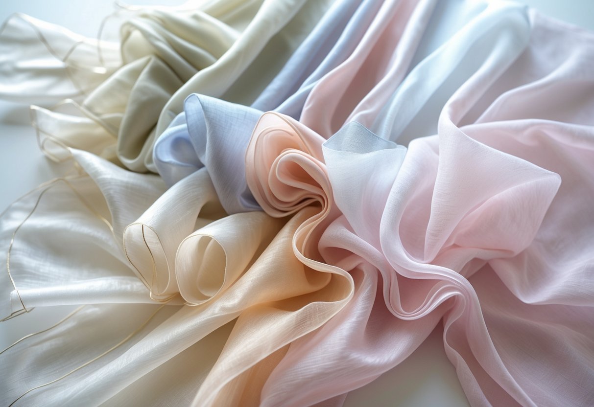 A collection of 29 light silk organza fabric samples arranged in a layered spread, showing their delicate, translucent textures and soft colors.