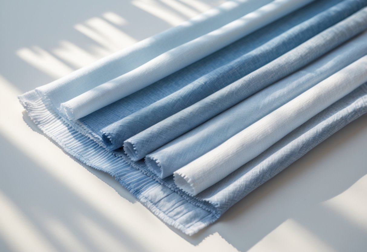 A collection of 29 light chambray fabric swatches arranged neatly on a neutral surface.