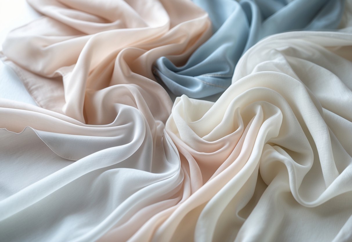 A collection of 29 light, sheer Georgette fabric samples arranged in soft layers, showcasing their delicate texture and flowing drape.