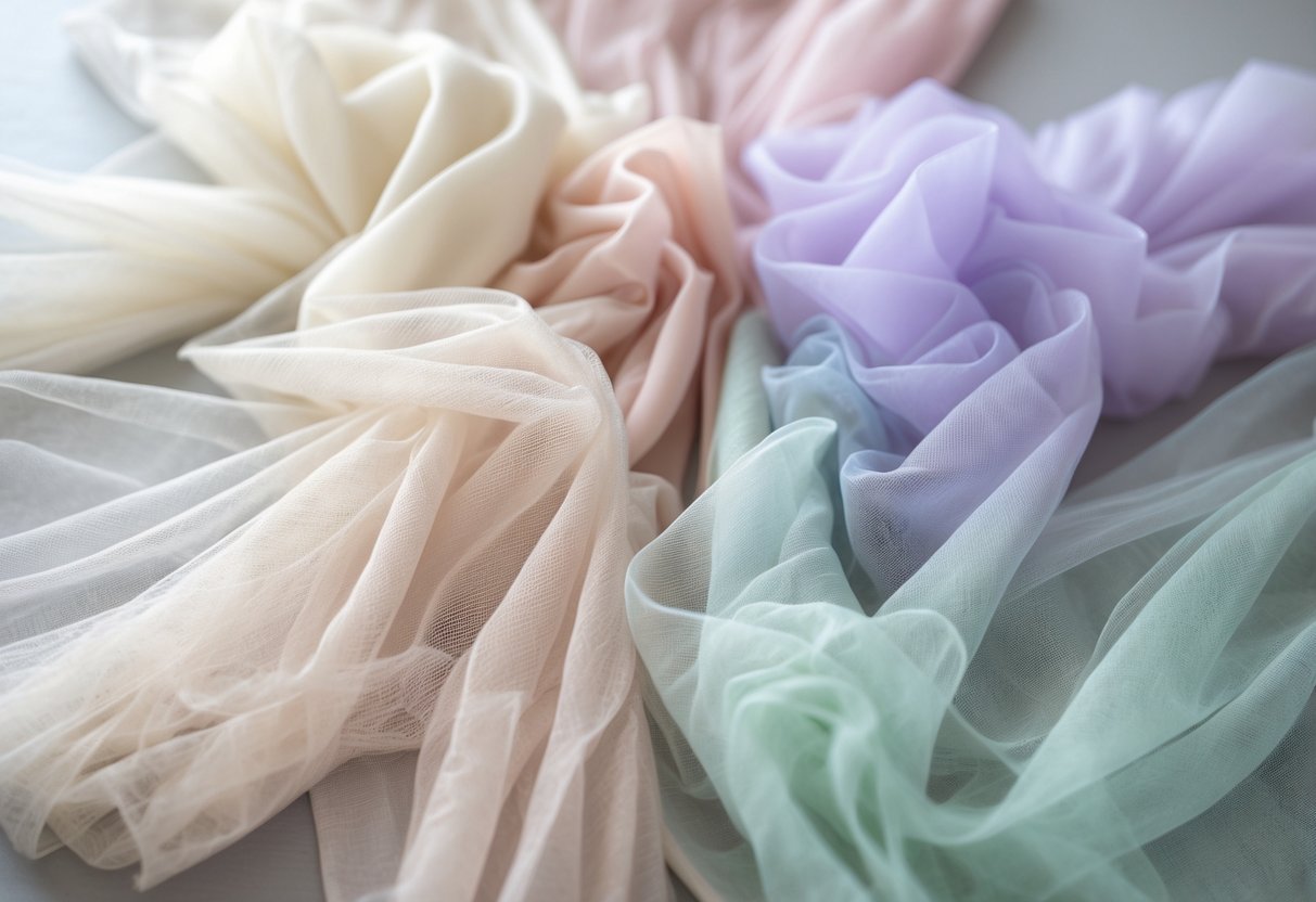A collection of sheer, lightweight tulle fabrics in soft pastel colors layered and draped together.
