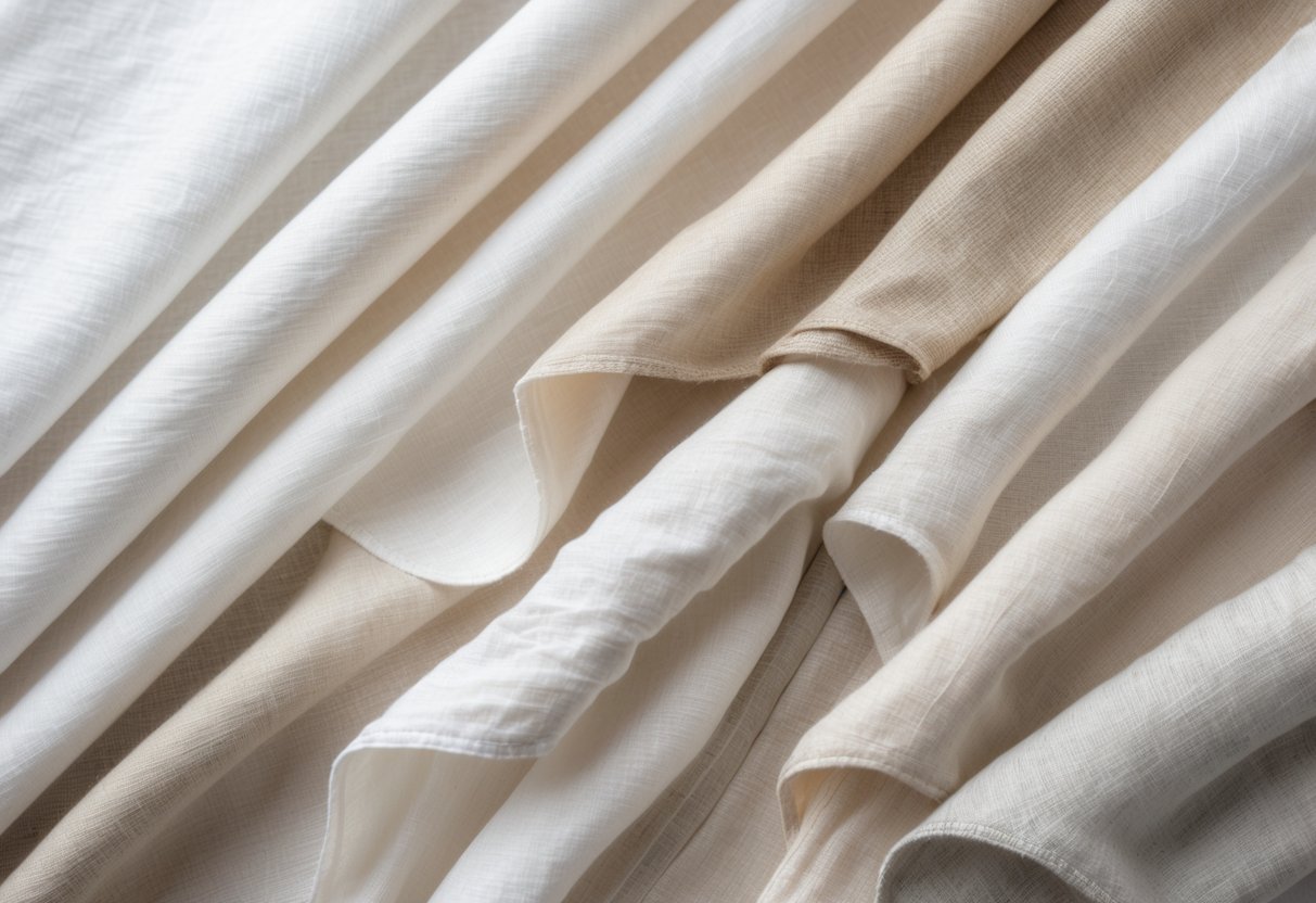 A collection of 29 light-colored batiste linen fabric samples arranged on a neutral background, showing their light texture and soft folds.