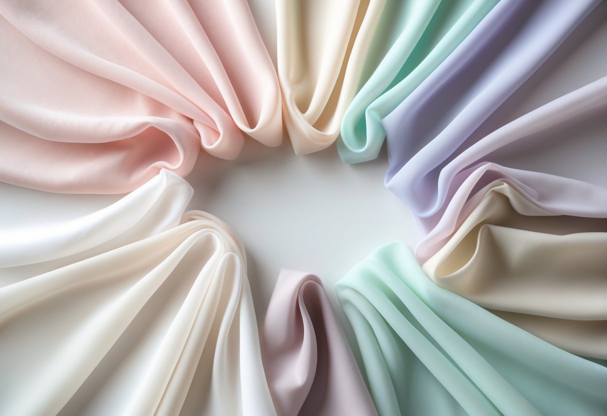A collection of 29 lightweight polyester chiffon fabric samples in soft pastel and neutral colors, arranged neatly on a white surface.