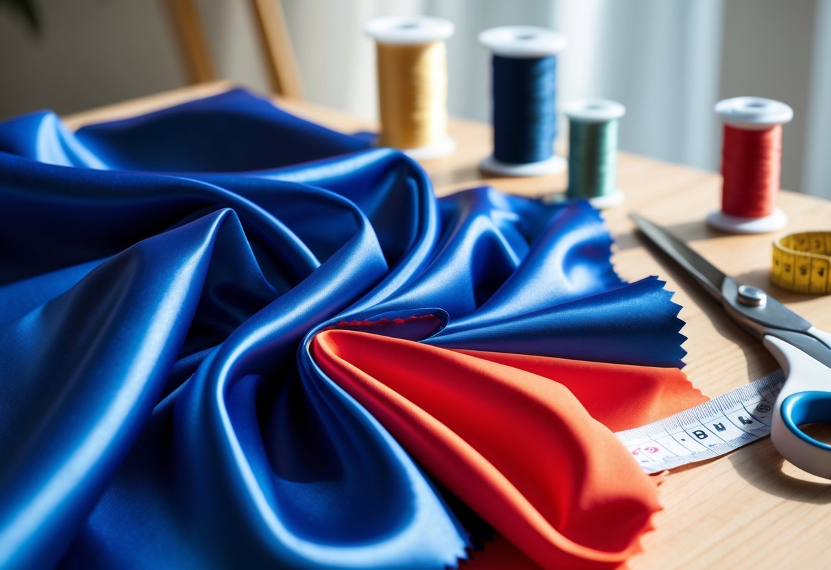 Close-up of colorful nylon fabric folded on a wooden table with sewing scissors, thread spools, and a measuring tape nearby.